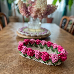 Koszyk na sztućce w tulipany ( naturalny+awokado+fuksja+róż )